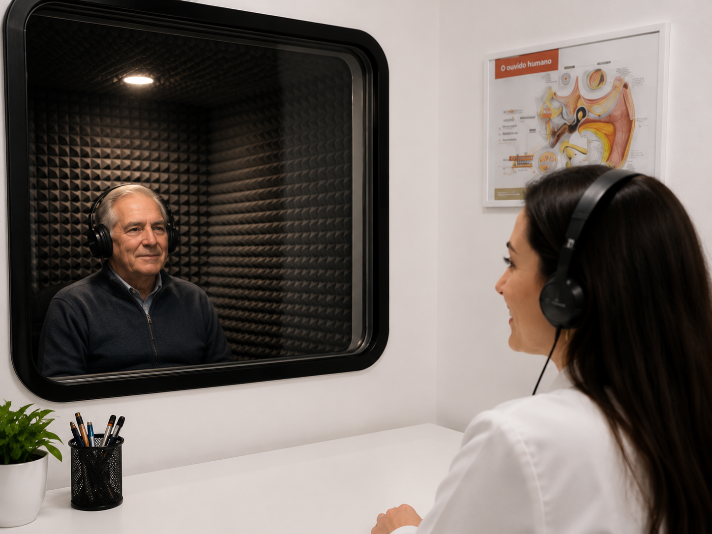 Audiologista a atender um paciente na cabine de observação
